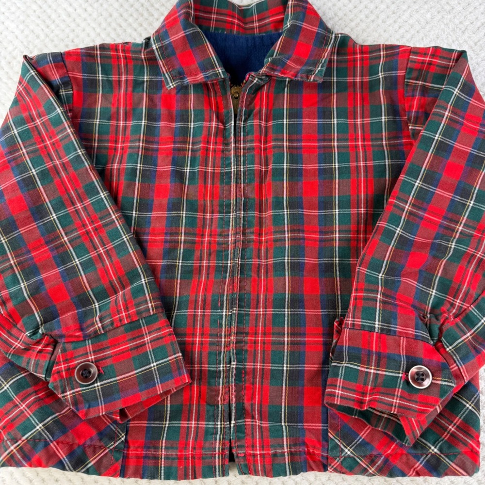 Vintage Toddler Red Green Plaid Zip Up Jacket Lined Tartan Outerwear 12M-18
